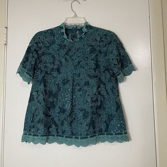 Anthropologie HD in Paris Green lace meadow short sleeve blouse size US 4 - Picture 2 of 7